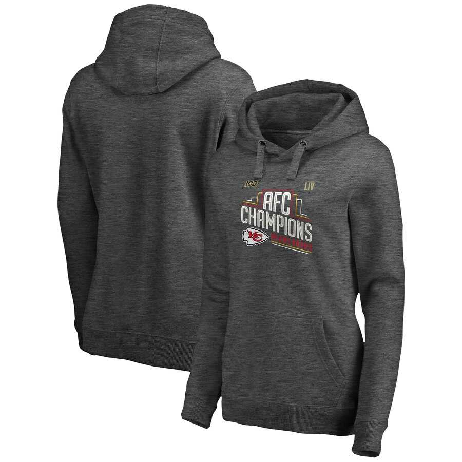 Women's Kansas City Chiefs NFL Pro Line by Fanatics Branded 2019 AFC Champions Trophy Collection Locker Room Crossover V Neck Pullover Hoodie Heather Charcoal,We sell and wholesale Women's Kansas City Chiefs NFL Pro Line by Fanatics Branded 2019 AFC Champions Trophy Collection Locker Room Crossover V Neck Pullover Hoodie Heather Charcoal on line form chian!